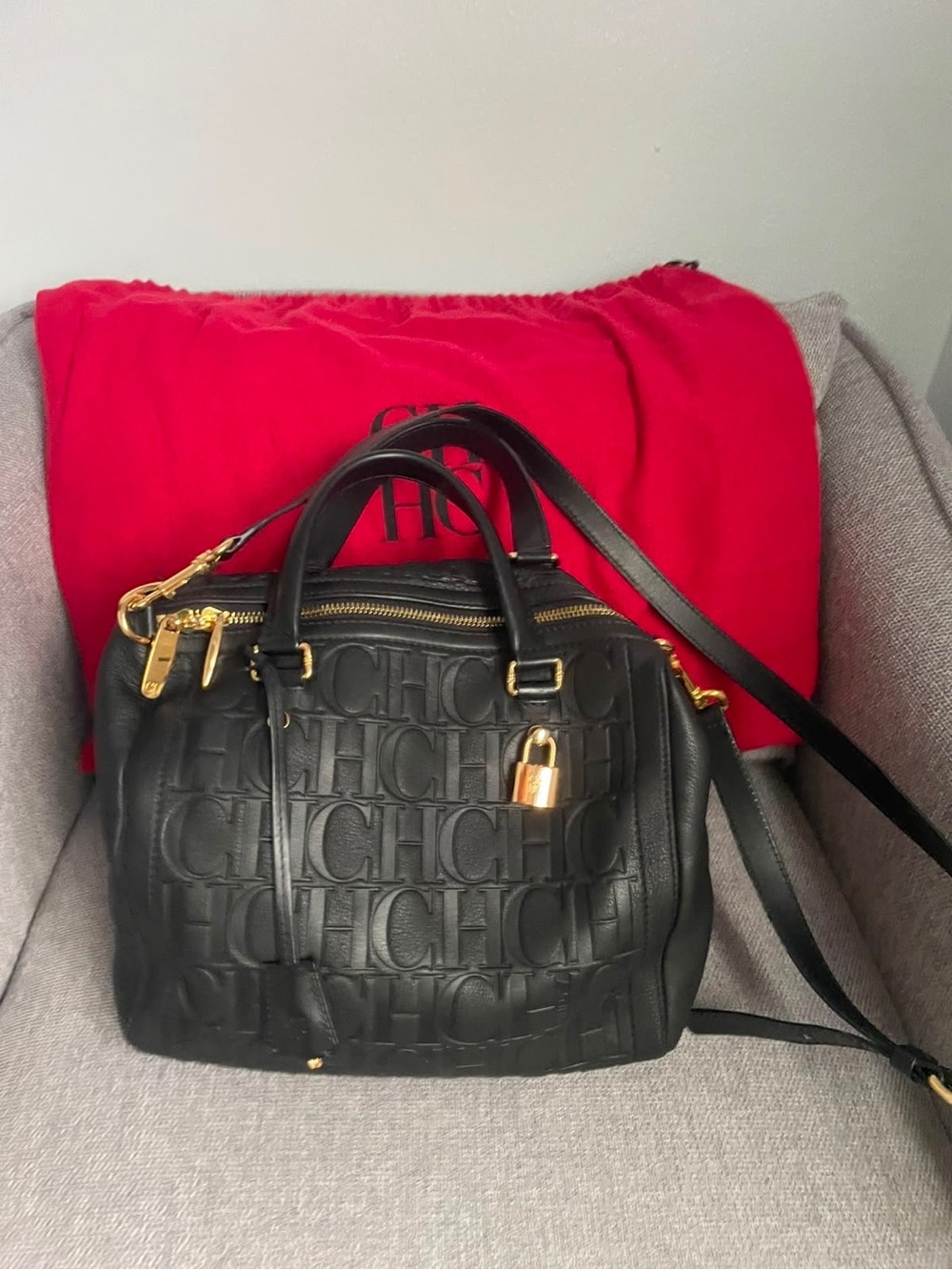 Carolina Herrera Black Embossed CH Logo Leather Shoulder Bag with Gold Hardware